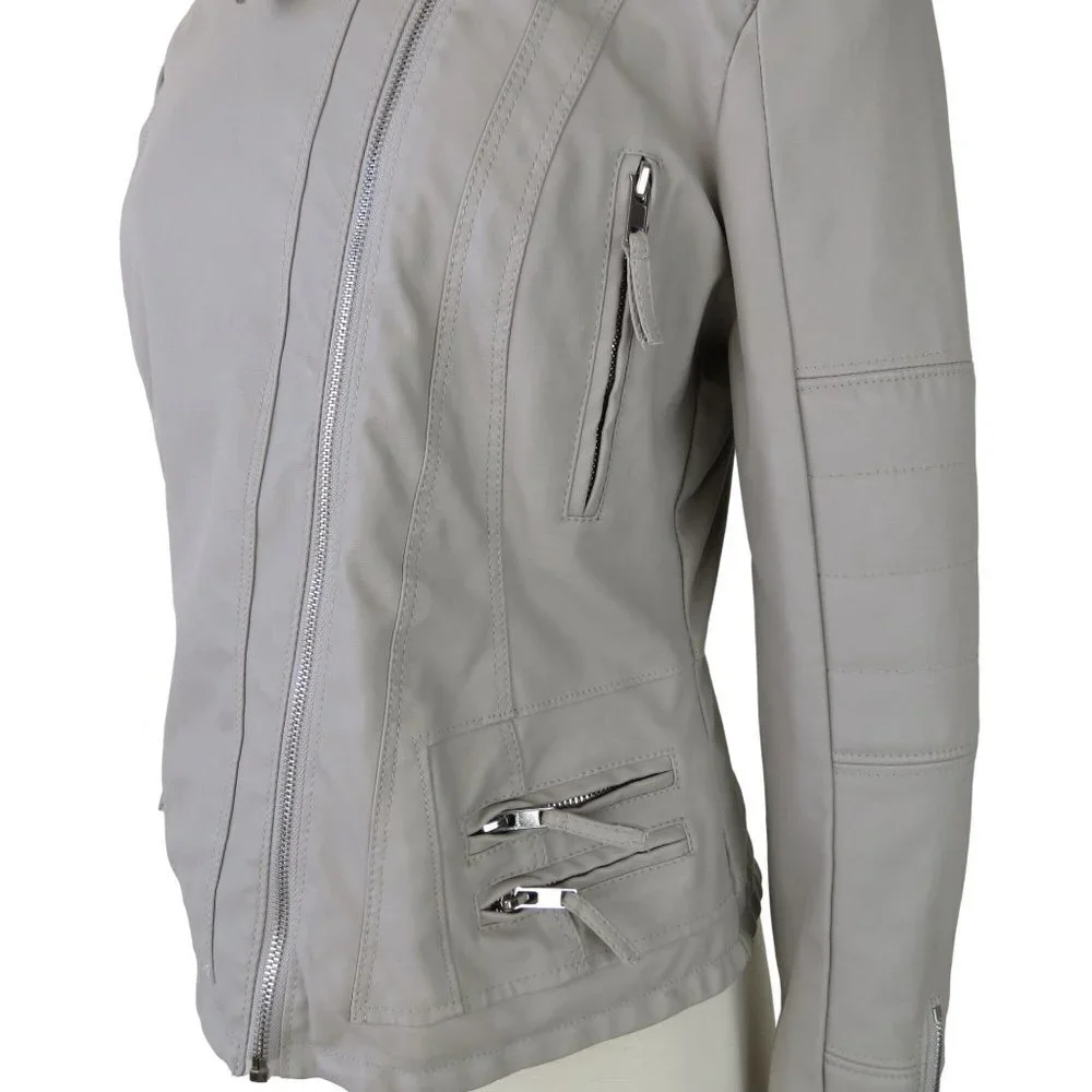 BLANKNYC Women's Tan Faux Leather Asymmetrical Moto Jacket S Vegan Quilted Tucks
